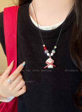 童趣植绒白色小狗蝴蝶结爱心吊坠项链女可爱百搭颈链可抽拉毛衣链