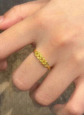 金色碎碎冰铜钱戒指新中式招财转运沙金五帝钱食指戒复古气质指环