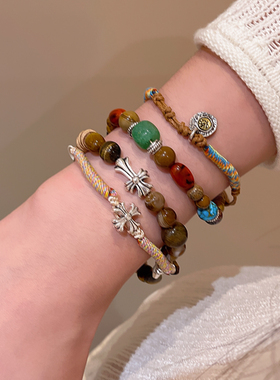 美拉德串珠十字架编织绳双层手链虎眼石独特设计手饰气质复古配饰
