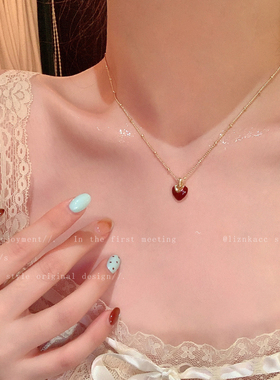 复古安可拉红滴釉爱心毛衣链高级感项链女choker精致颈链锁骨链