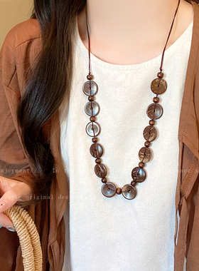 波西米亚民族风木质串珠项链女高级感轻奢小众百搭抽拉锁骨链配饰