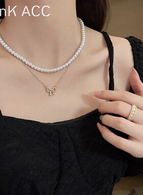 蝴蝶结珍珠项链女夏轻奢小众设计感高级爆款锁骨链2023年新款潮