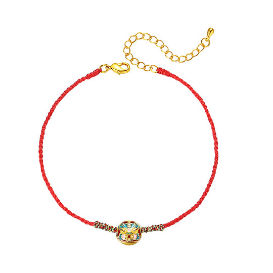 六不散人原创设计老虎头红绳脚链手工编织脚绳镀金夏季女高级足链