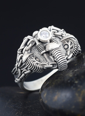 机车机械骷髅头浮雕定制925银指