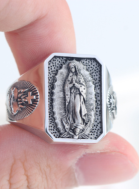 经典圣天使纪念虔诚祈祷女神母复古手工立体浮雕925银男士戒指