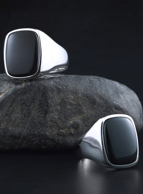 时尚简约男士黑玛瑙925纯银戒指