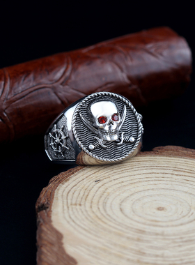 海盗骷髅头嵌红眸s925银男士戒指