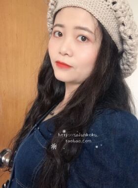 纯手工编织杏仁色浅卡其色毛线混纺钩花贝雷帽宽松保暖帽可爱百搭