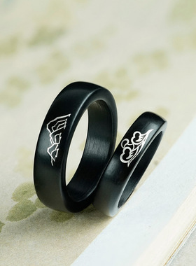 小叶紫檀木镶银山盟海誓情侣戒指黑檀镶嵌国风对戒手饰指环手饰品