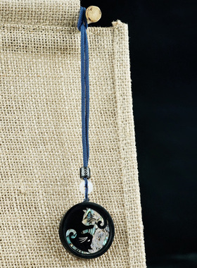 黑檀木镶银清风明月吊饰紫光檀镶嵌祥云项饰螺钿猫形挂件挂饰定制