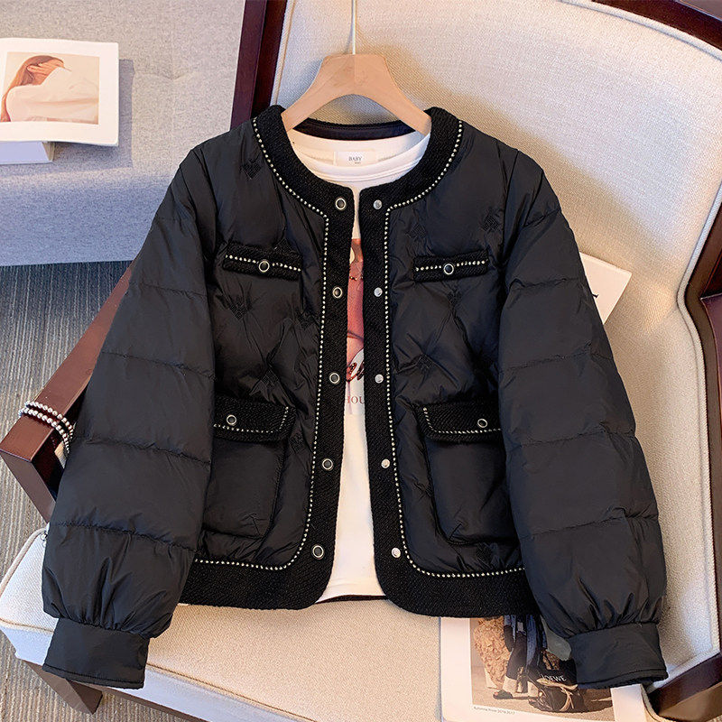 白色小香风圆领羽绒服女短款2025冬季新款宽松爆款粗花呢无领外套,淘宝优惠券,粉丝福利购,淘宝优惠卷