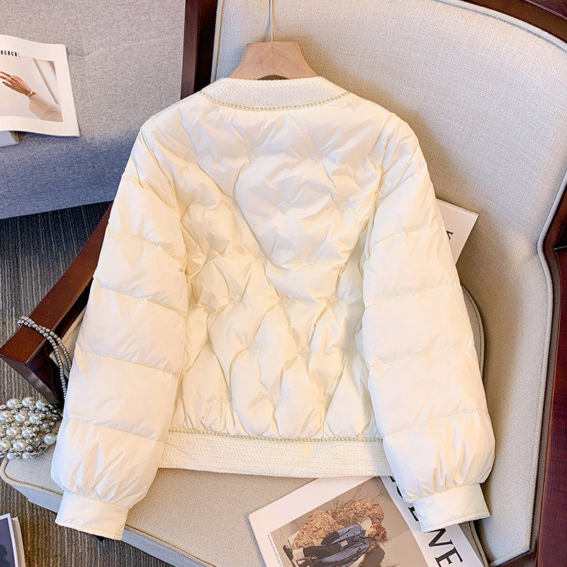 白色小香风圆领羽绒服女短款2025冬季新款宽松爆款粗花呢无领外套,淘宝优惠券,粉丝福利购,淘宝优惠卷