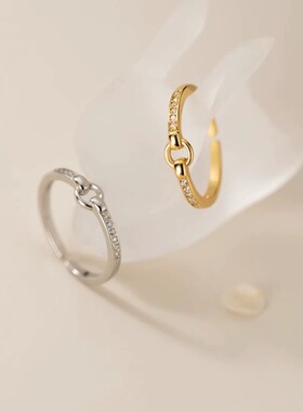 S925纯银镀金镶钻圆形几何戒指女日韩轻奢小众高级感开口食指戒