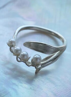 S925纯银通体铃兰珍珠戒指女2024新款轻奢百搭肌理感指环