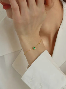 S925纯银镀14k金祖母绿锆石细手链简约女方糖ins轻奢百搭小众