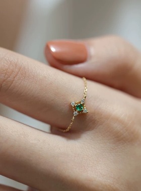 S925纯银镀14K金祖母绿链条戒指可调节时尚个性复古小众设计手饰