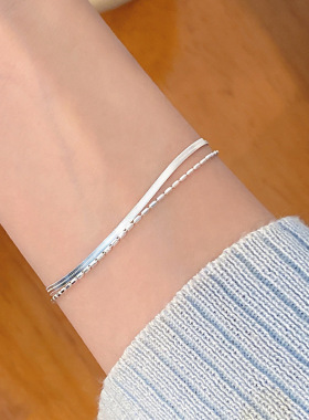 925纯银双层蛇骨链手链女小众ins简约叠戴橄榄圆珠手环y2k银饰品