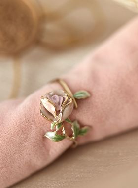 甜美在逃公主系 超温柔粉玫瑰 复古精致珐琅滴镀925银开口戒指