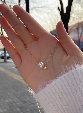 正宗925纯银法式珍珠项链女夏轻奢小众设计锆石吊坠高级感锁骨链
