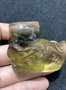 利比亚黄金玻璃陨石雕刻貔貅吉祥物生肖四水归源摆件吊坠本命新款