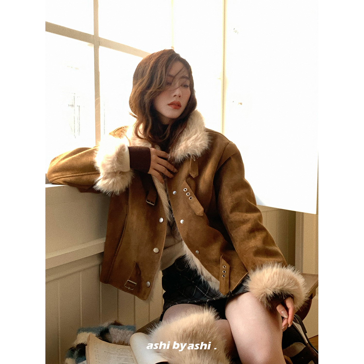 大于诗集 黄昏贝斯特 美式复古立领PU麂皮绒皮毛一体外套女短外套,淘宝优惠券,粉丝福利购,淘宝优惠卷