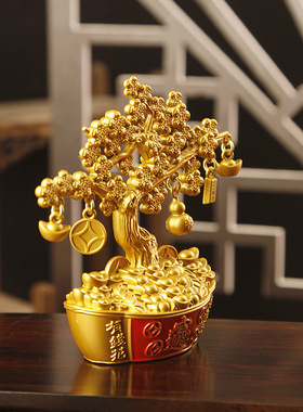 新款合金属沙金色发财树酒柜装饰品摆件家居客厅聚财风摇钱树礼品