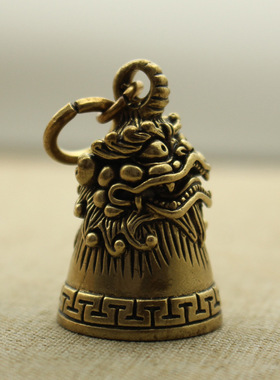 纯黄铜复古法手工匠作旧典藏国风艺术摆件瑞兽貔貅铃铛钥匙扣吊坠