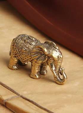 复古典藏国风艺术黄铜摆件古法手工匠作浮雕实心大象摆饰镇纸茶宠