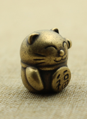 纯黄铜复古法手工匠作旧典藏国风艺术摆件可爱圆形招收小萌猫茶宠