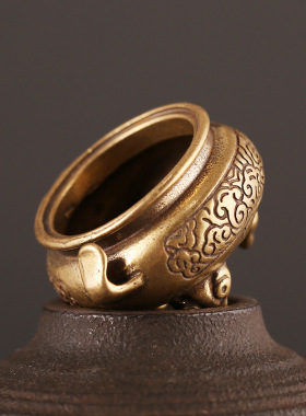 纯黄铜复古法手工匠作旧典藏国风艺术摆件三足雕花香熏香炉文玩把