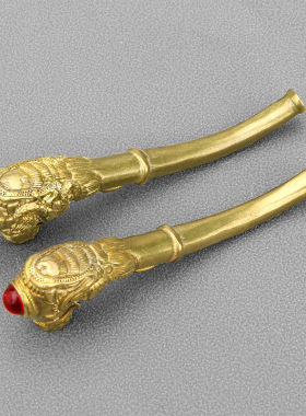 古玩铜器龙凤烟嘴镶宝石工艺