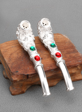 批发仿古龙凤烟斗镀银镶嵌铜器