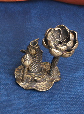 复古典藏国风艺术黄铜摆件古法手工匠作锦鲤鱼荷花香托倒流香熏炉