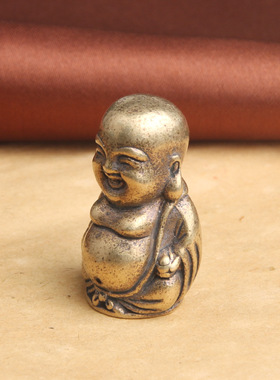 复古典藏国风艺术黄铜摆件古法手工匠作小弥勒佛笑面大肚佛像文玩