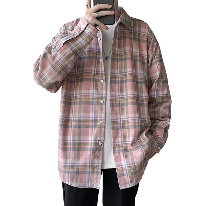 港风春季男士长袖衬衫韩版宽松潮流格子衬衣帅气百搭休闲男生上衣,淘宝优惠券,粉丝福利购,淘宝优惠卷