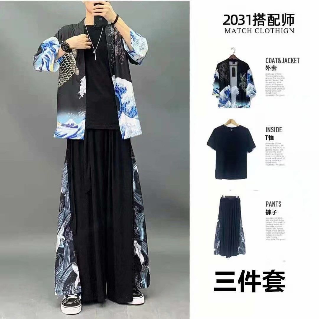 三件套2021夏季男士套装中国风学生印花衬衫休闲日系潮流仙鹤道袍