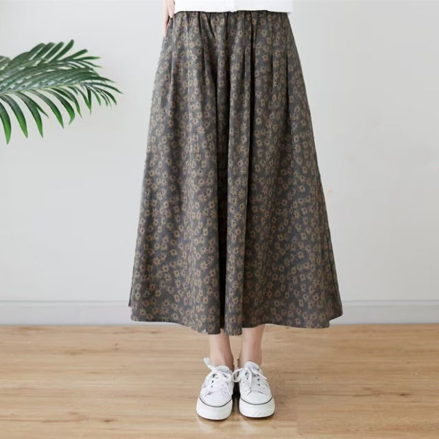 Cotton and linen A-line skirt commuting floral skirt