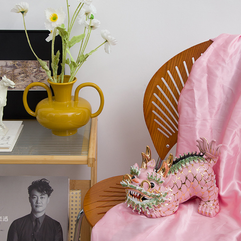 新中式手绘粉红色陶瓷麒麟一对招财摆件高级艺术家居玄关软装饰品,淘宝优惠券,粉丝福利购,淘宝优惠卷