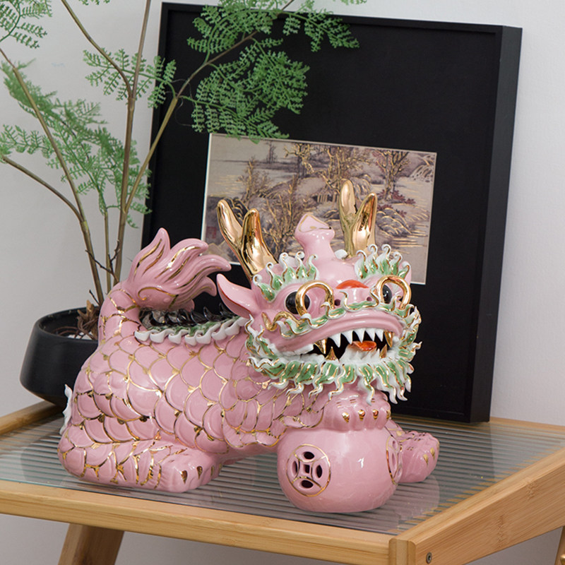 新中式手绘粉红色陶瓷麒麟一对招财摆件高级艺术家居玄关软装饰品,淘宝优惠券,粉丝福利购,淘宝优惠卷