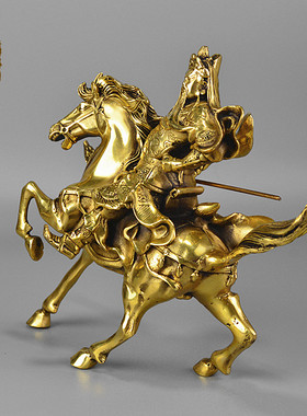 纯铜关公人像骑马关羽铜像关云长关二爷铜器武财神黄铜摆件镇宅