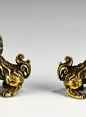 纯铜微缩摆件 仿古黄铜狮子对狮小号双狮书桌摆件观赏收藏