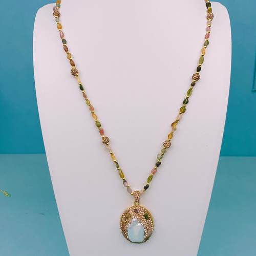 天然碧玺项链高级感巴洛克珍珠小众中古吊坠颈链轻奢毛衣链配饰女 - 图2