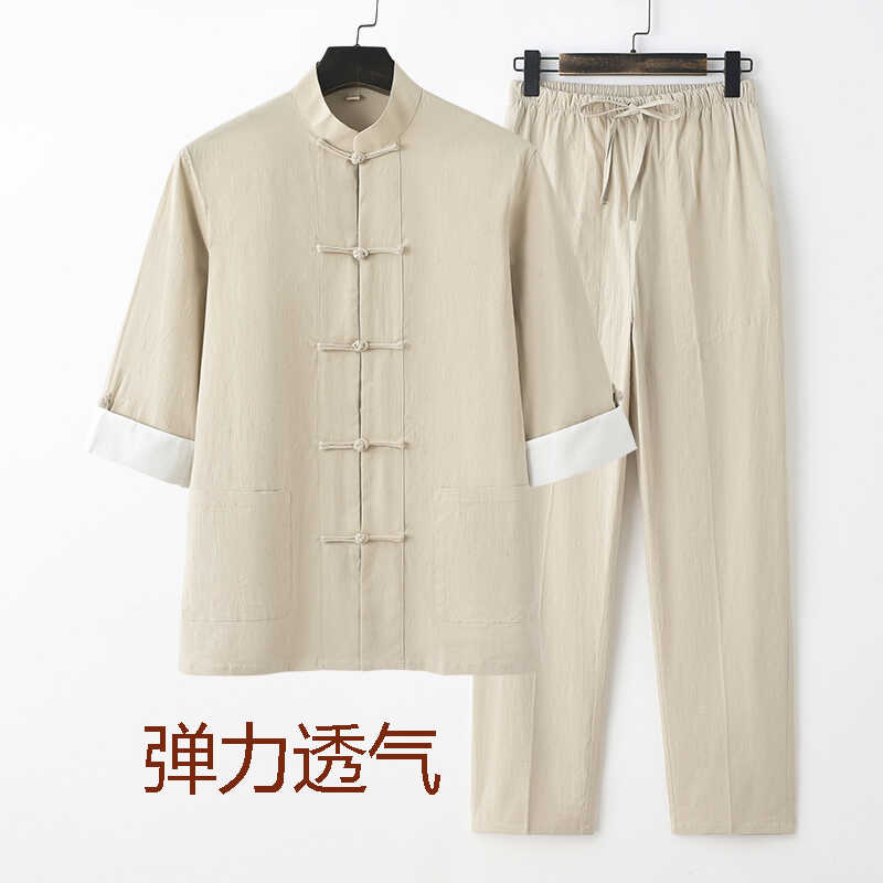 夏季唐装男中国风青年男装中式服装弹力棉麻套装七分袖复古禅茶服 - 图0