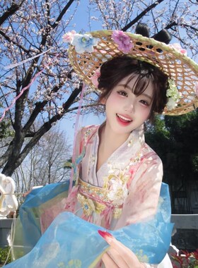 花神妆造簪花竹编斗笠帷帽草帽