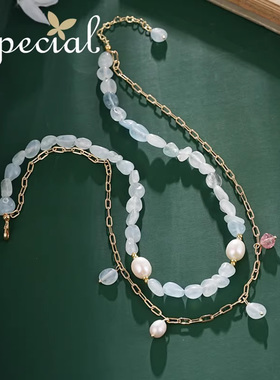 SPECIAL欧美淡水珍珠海蓝宝项链