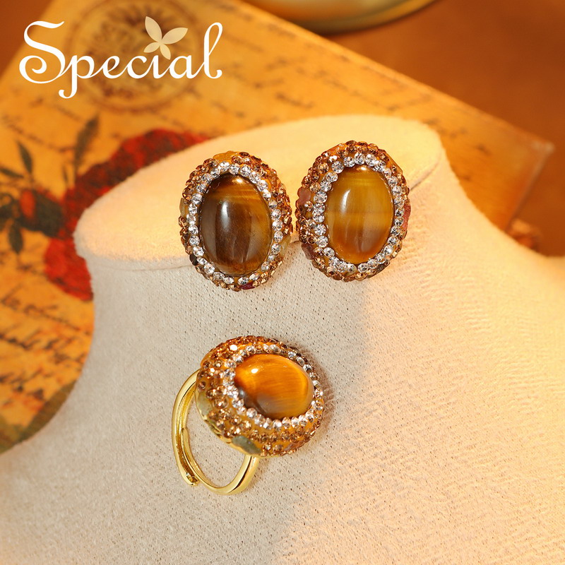 SPECIAL小众设计开口可调节轻奢木变石戒指指环套装手工女礼物-图1