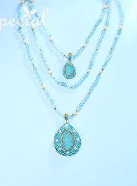 SPECIAL欧美海蓝宝珍珠多长项链