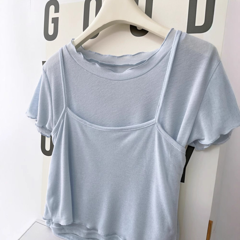 2025薄款圆领短款短袖t恤衫+无袖吊带背心两件套 纯色上衣套装女,淘宝优惠券,粉丝福利购,淘宝优惠卷