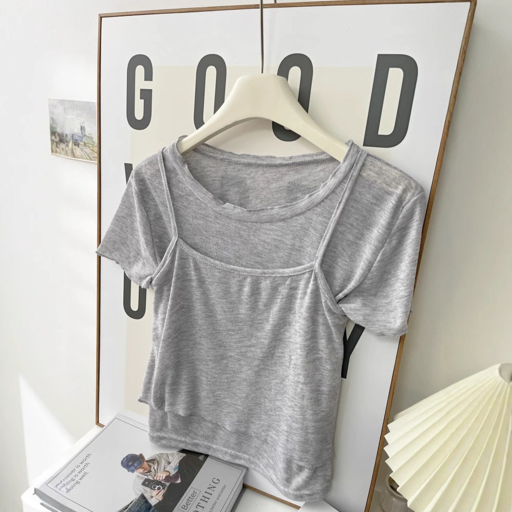 2025薄款圆领短款短袖t恤衫+无袖吊带背心两件套 纯色上衣套装女,淘宝优惠券,粉丝福利购,淘宝优惠卷