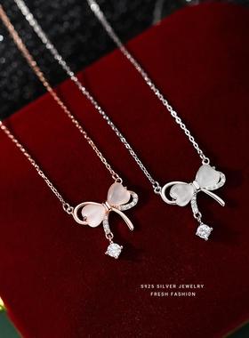 s925纯银心形猫眼石蝴蝶结项链女轻奢小众情人闪钻吊坠锁骨链百搭
